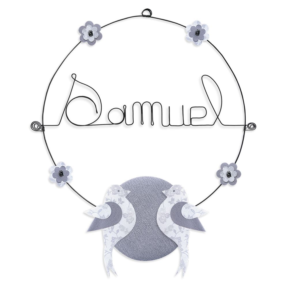 Prénom Samuel en fil de fer - Oiseau blanc - Bijoux de mur