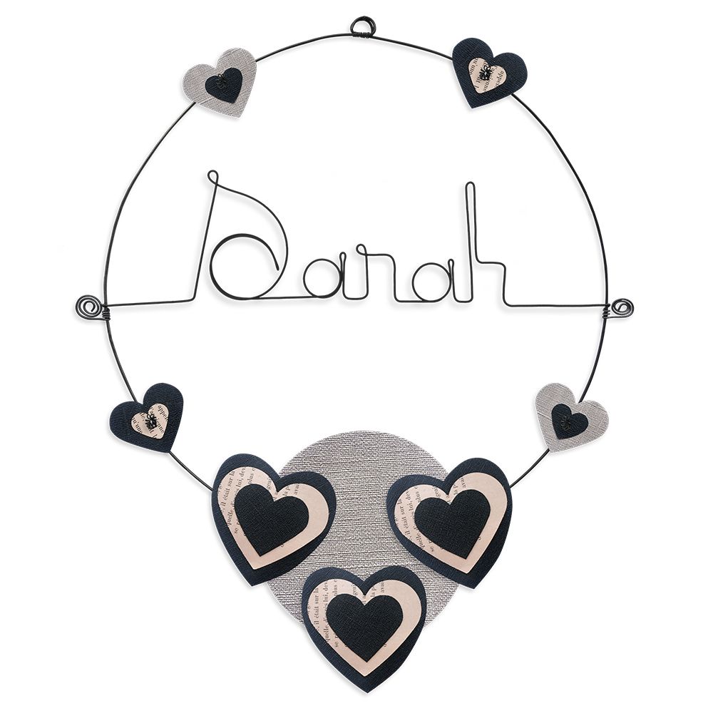 Prénom Sarah en fil de fer - Coeur noir - Bijoux de mur