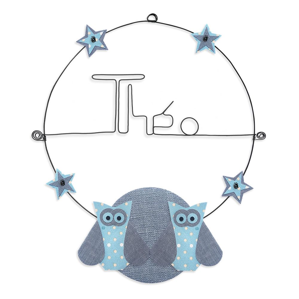 Prénom Théo en fil de fer - Chouette bleue - Bijoux de mur