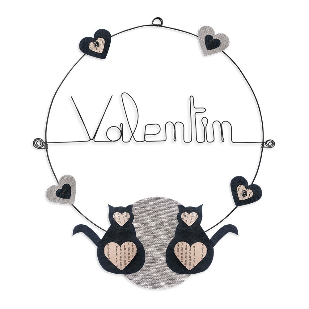Prénom Valentin en fil de fer - Chat noir - Bijoux de mur