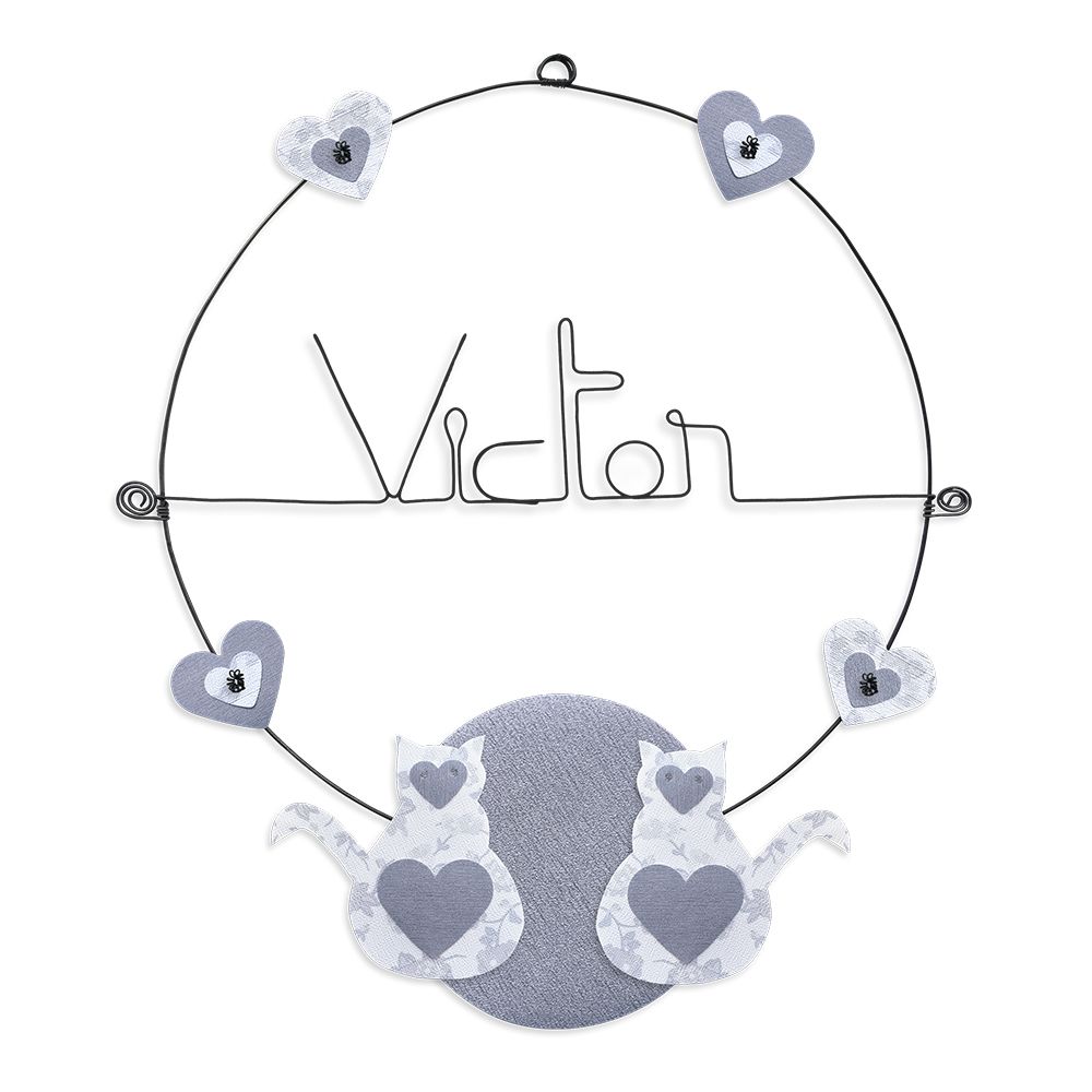 Prénom Victor en fil de fer - Chat blanc - Bijoux de mur