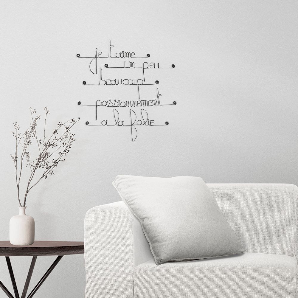 Citation en fil de fer " Je t'aime, un peu, beaucoup, passionnément, à la folie " - à punaiser - Bijoux de mur