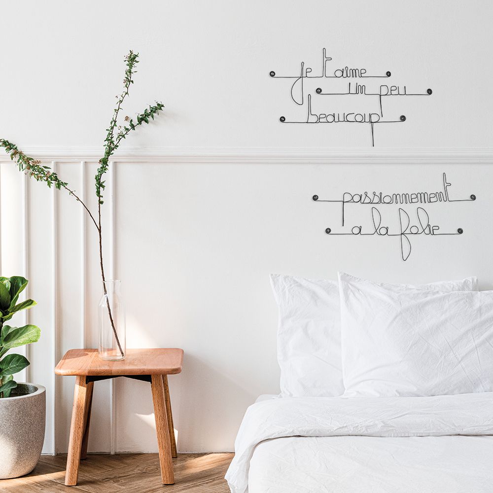 Citation en fil de fer " Je t'aime, un peu, beaucoup, passionnément, à la folie " - à punaiser - Bijoux de mur