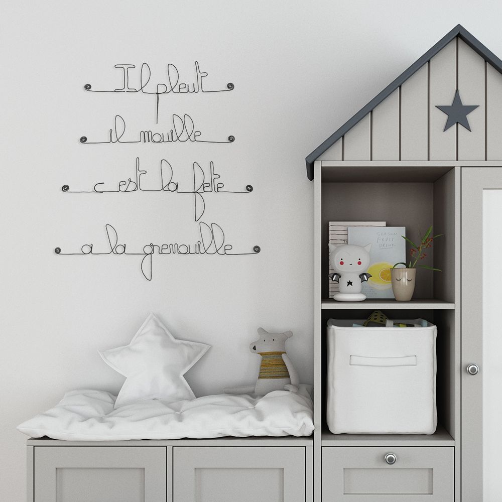 Citation en fil de fer " Il pleut, il mouille, c'est la fête à la grenouille " - à punaiser - Bijoux de mur