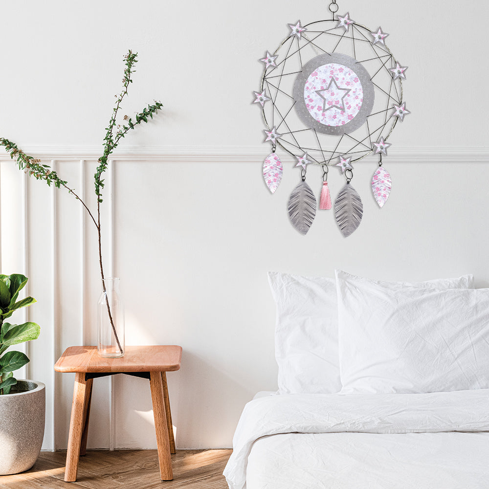 Attrape-rêves lumineux en fil de fer - Étoile - Rose - à suspendre - environ 38 x 64 cm - Bijoux de mur