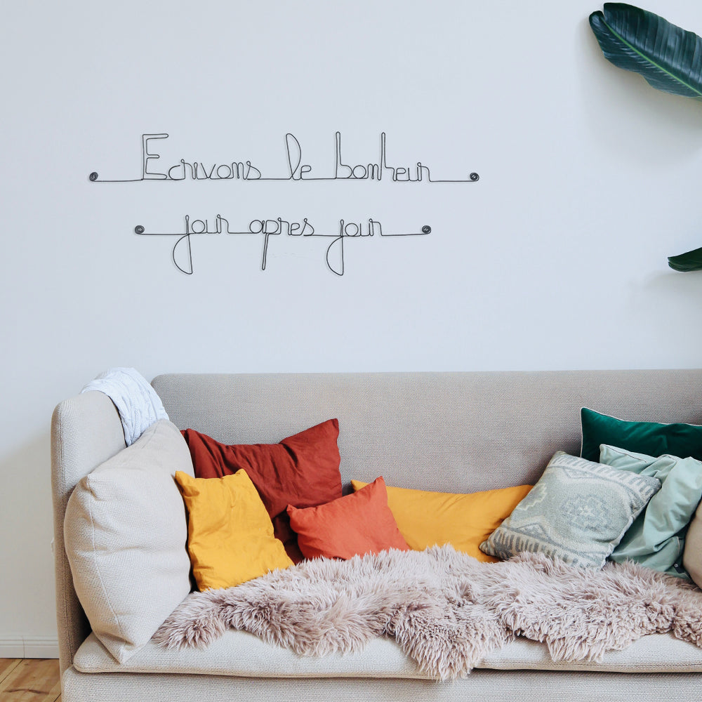 Citation en fil de fer " Écrivons le bonheur jour après jour " - à punaiser - Bijoux de mur