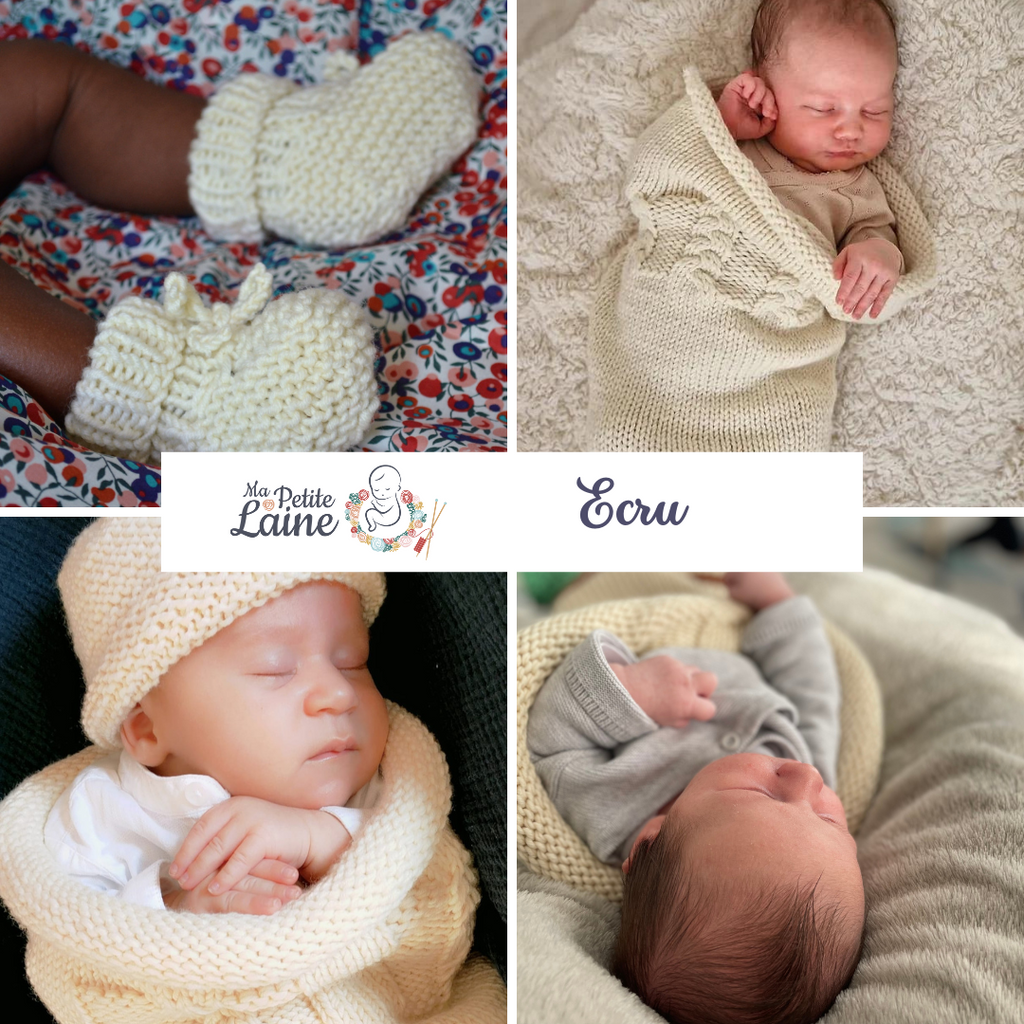 Kit “Je tricote le trousseau de bébé” : Cocon + Bonnet + Chaussons