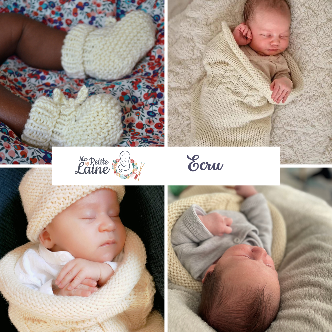 Kit “Je tricote le trousseau de bébé” : Cocon + Bonnet + Chaussons