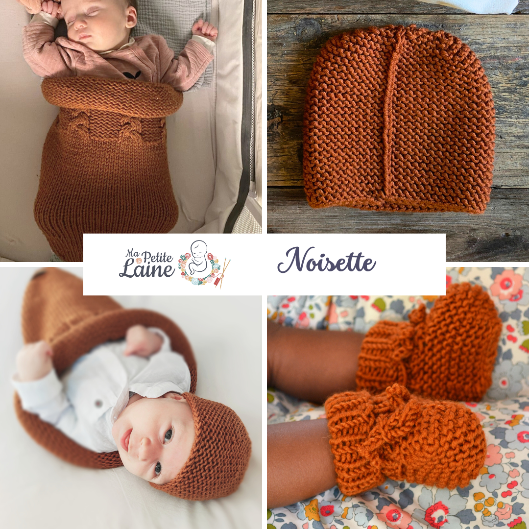 Kit “Je tricote le trousseau de bébé” : Cocon + Bonnet + Chaussons