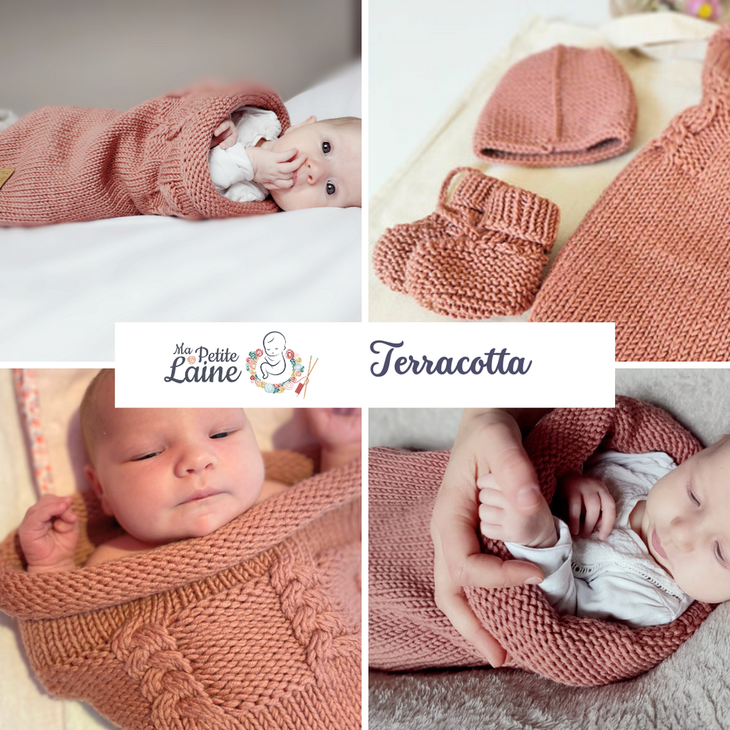 Kit “Je tricote le trousseau de bébé” : Cocon + Bonnet + Chaussons