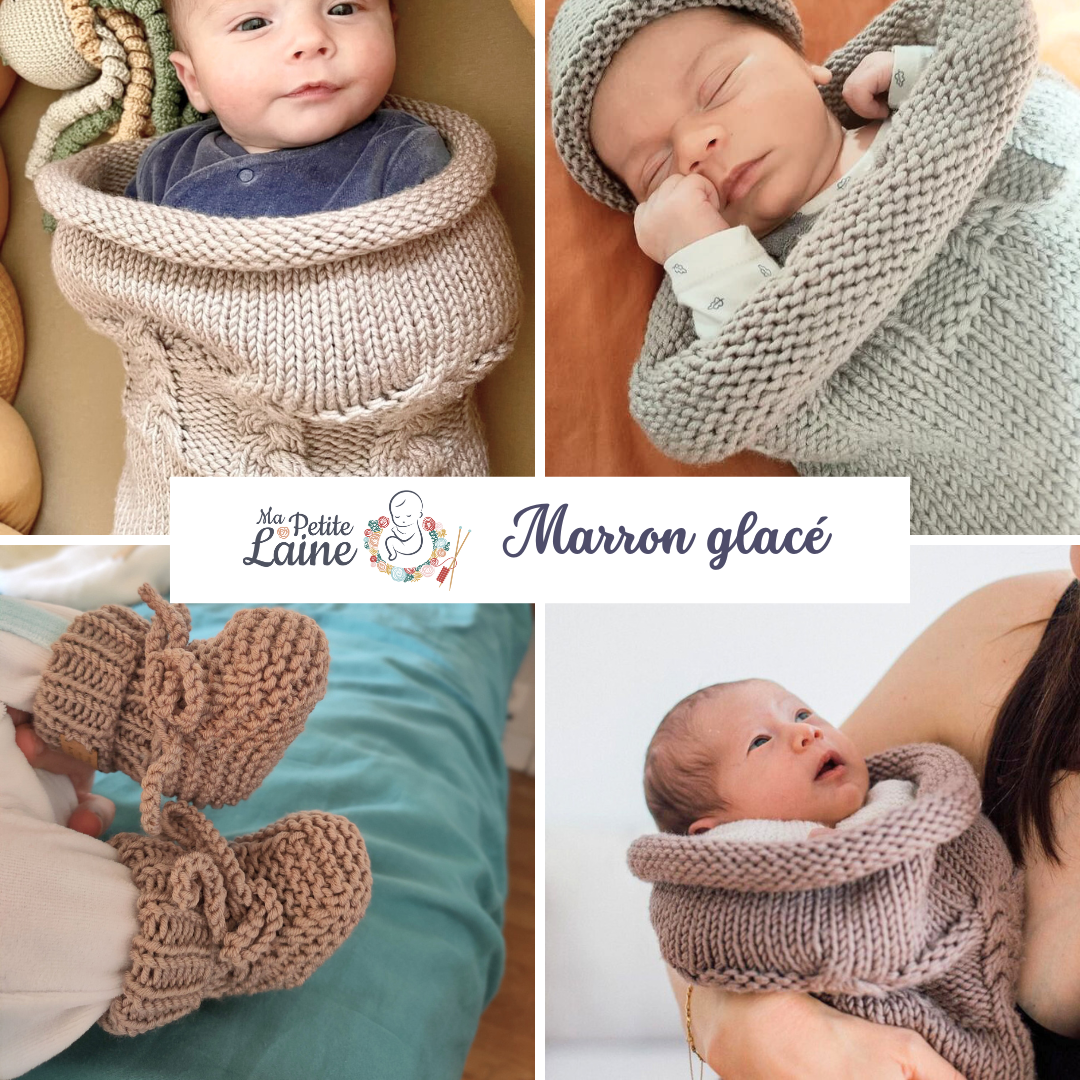 Kit “Je tricote le trousseau de bébé” : Cocon + Bonnet + Chaussons