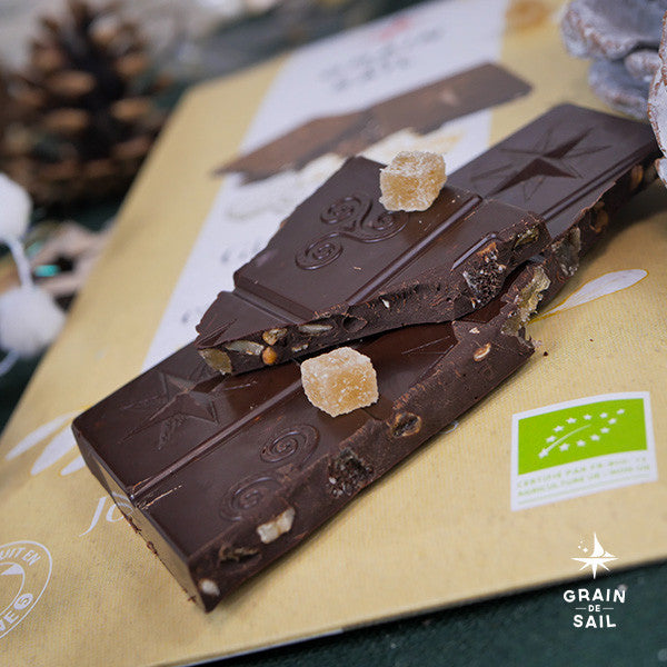 Tablette de chocolat Noir, noix caramélisées et gingembre confit - 100G - BIO