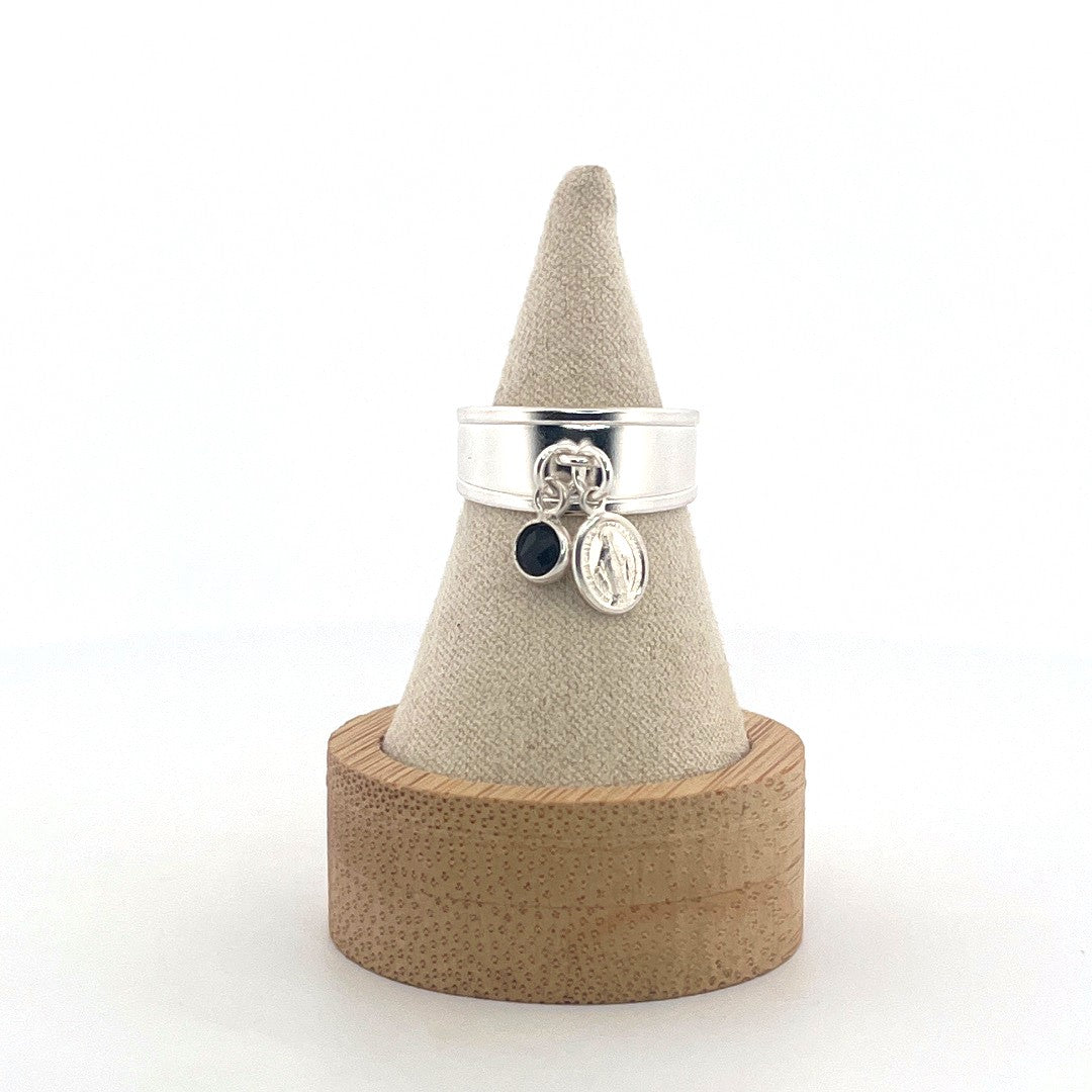 Bague ajustable vierge /spinelle noire argent 925