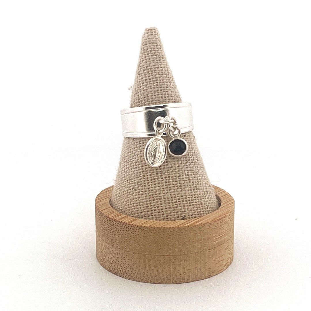 Bague ajustable vierge /spinelle noire argent 925