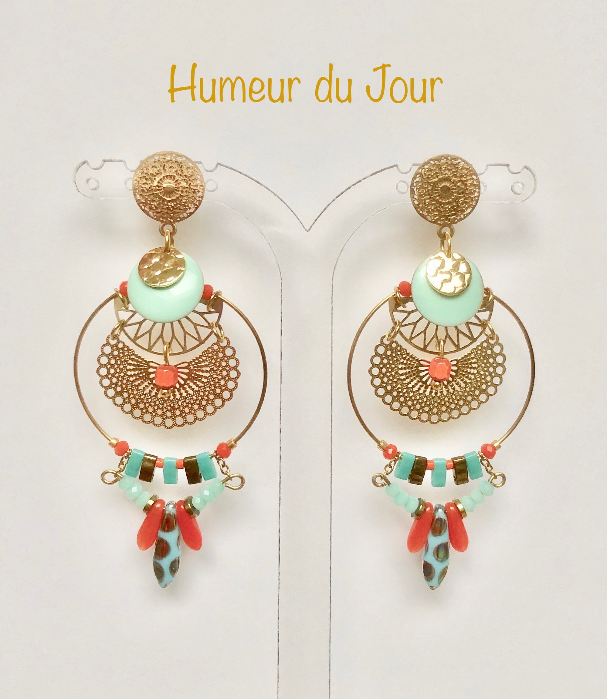 Boucles d'oreilles Pocahontas rouge et turquoise
