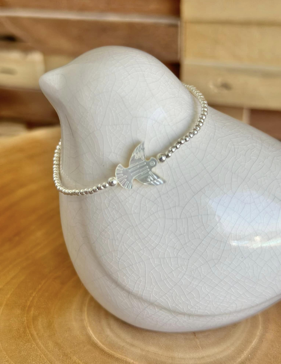 Bracelet en argent 925, colombe en nacre blanche