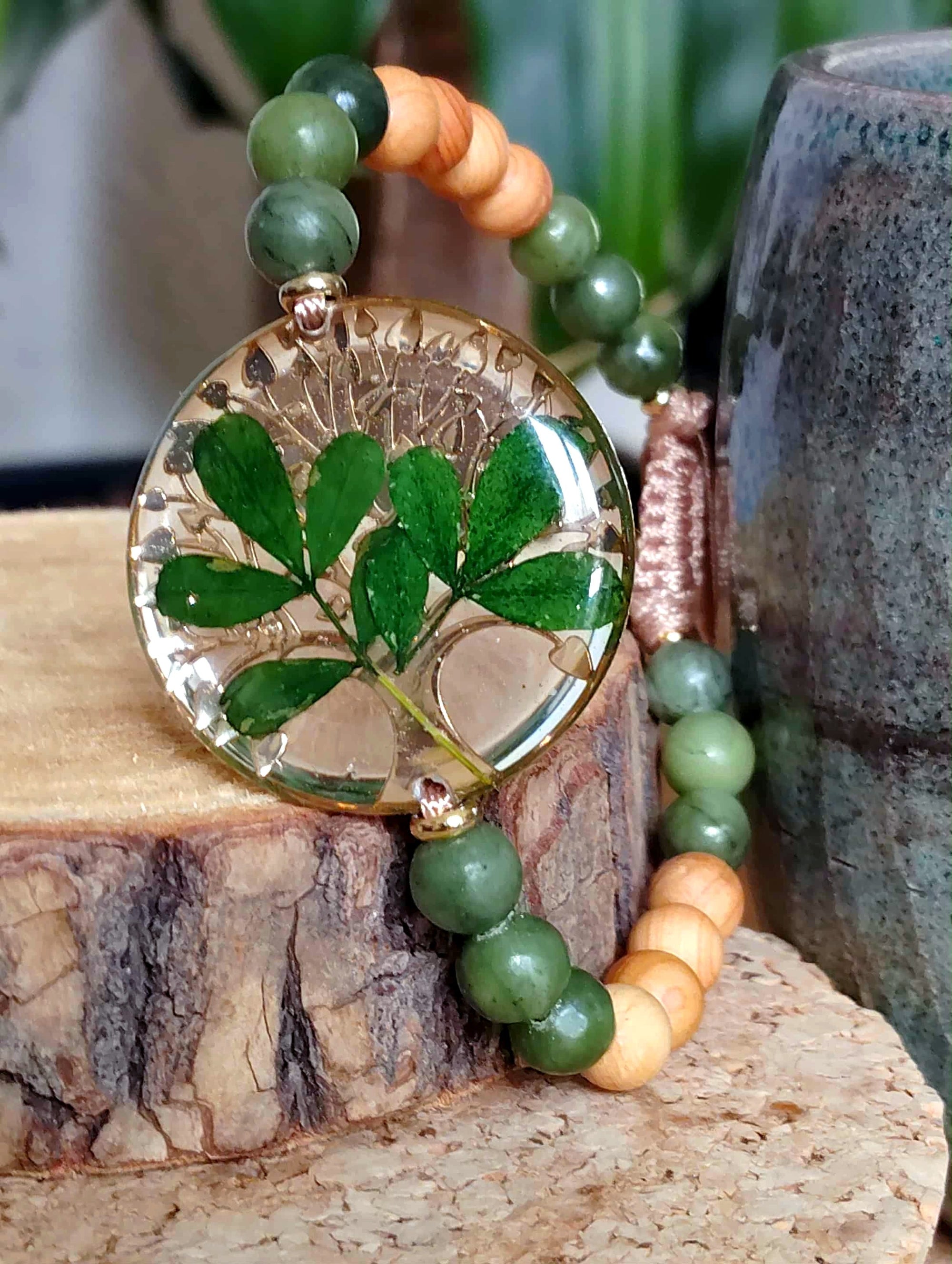 Bracelet, Arbre de vie Feuille indigotier Jade