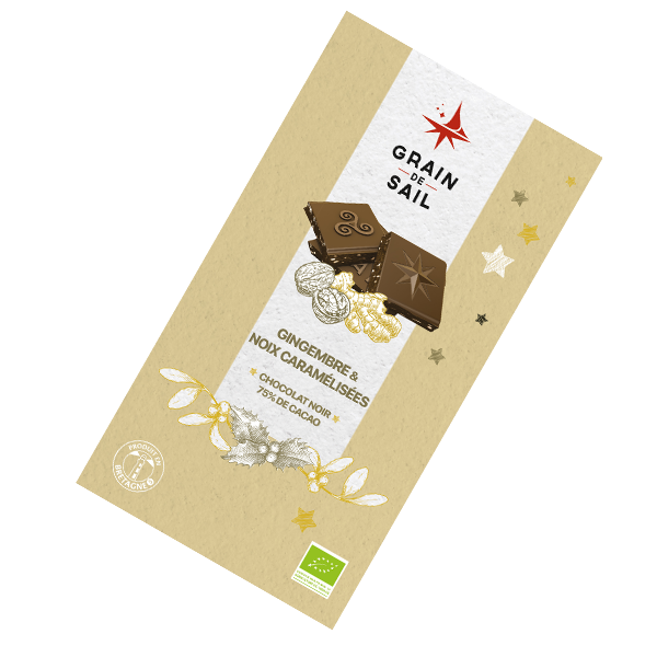 Tablette de chocolat Noir, noix caramélisées et gingembre confit - 100G - BIO
