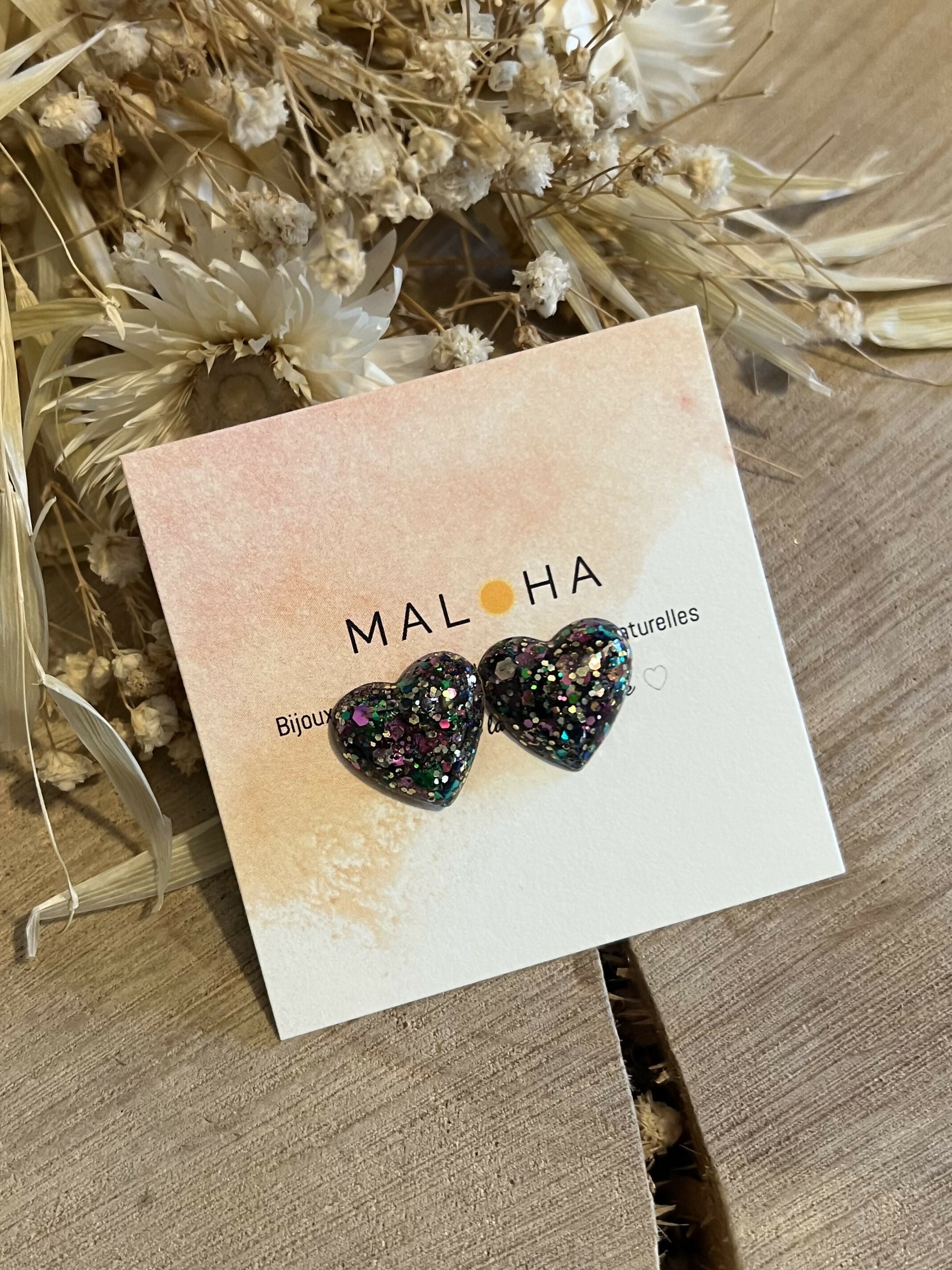 BO petits coeurs résine paillettes multico