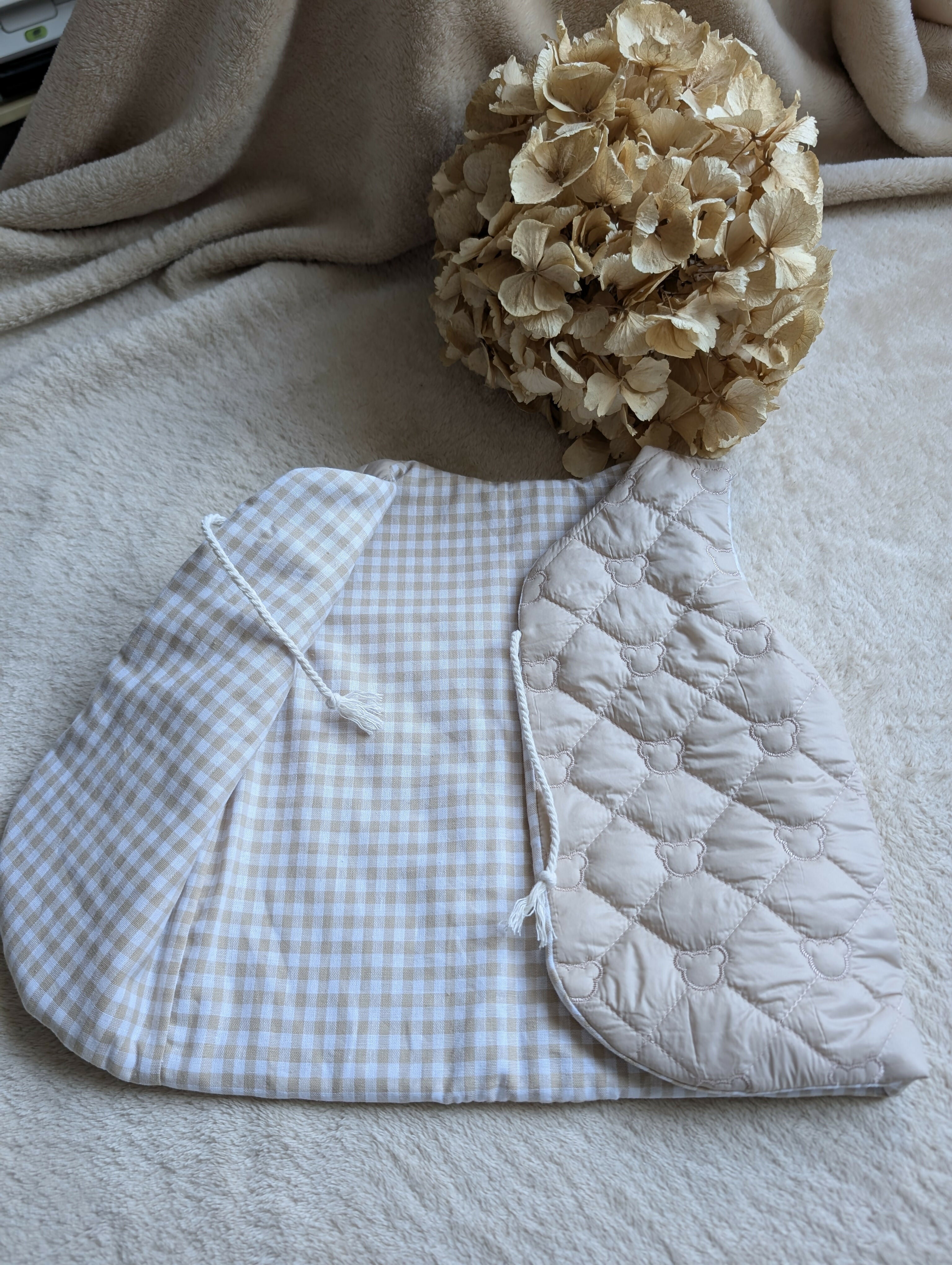 QUILTED BEIGE SHEPHERD'S VEST WITH GINGHAM TEDDY BEARS 18 MONTHS-3 YEARS