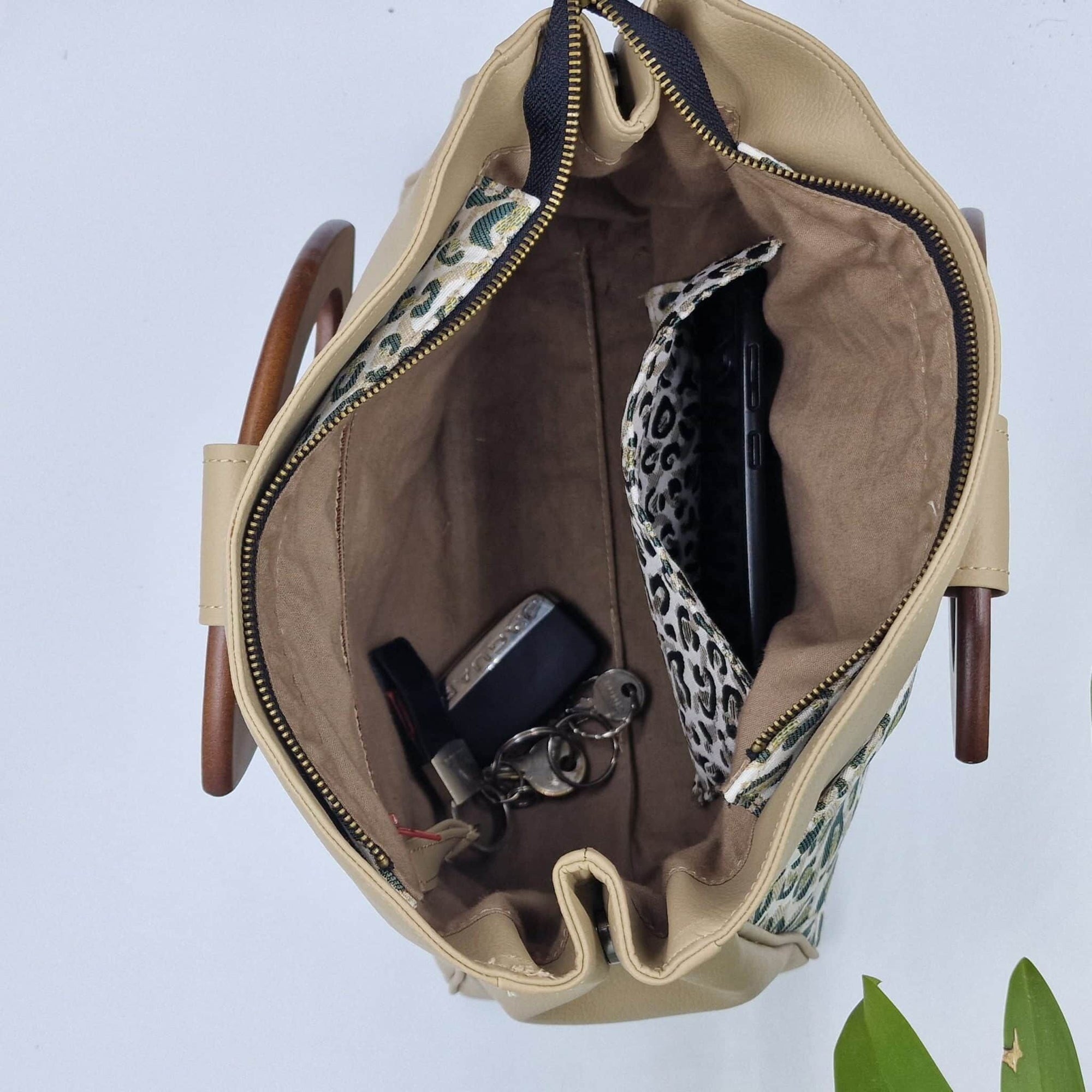 Sac Pétunia beige et léopard vert