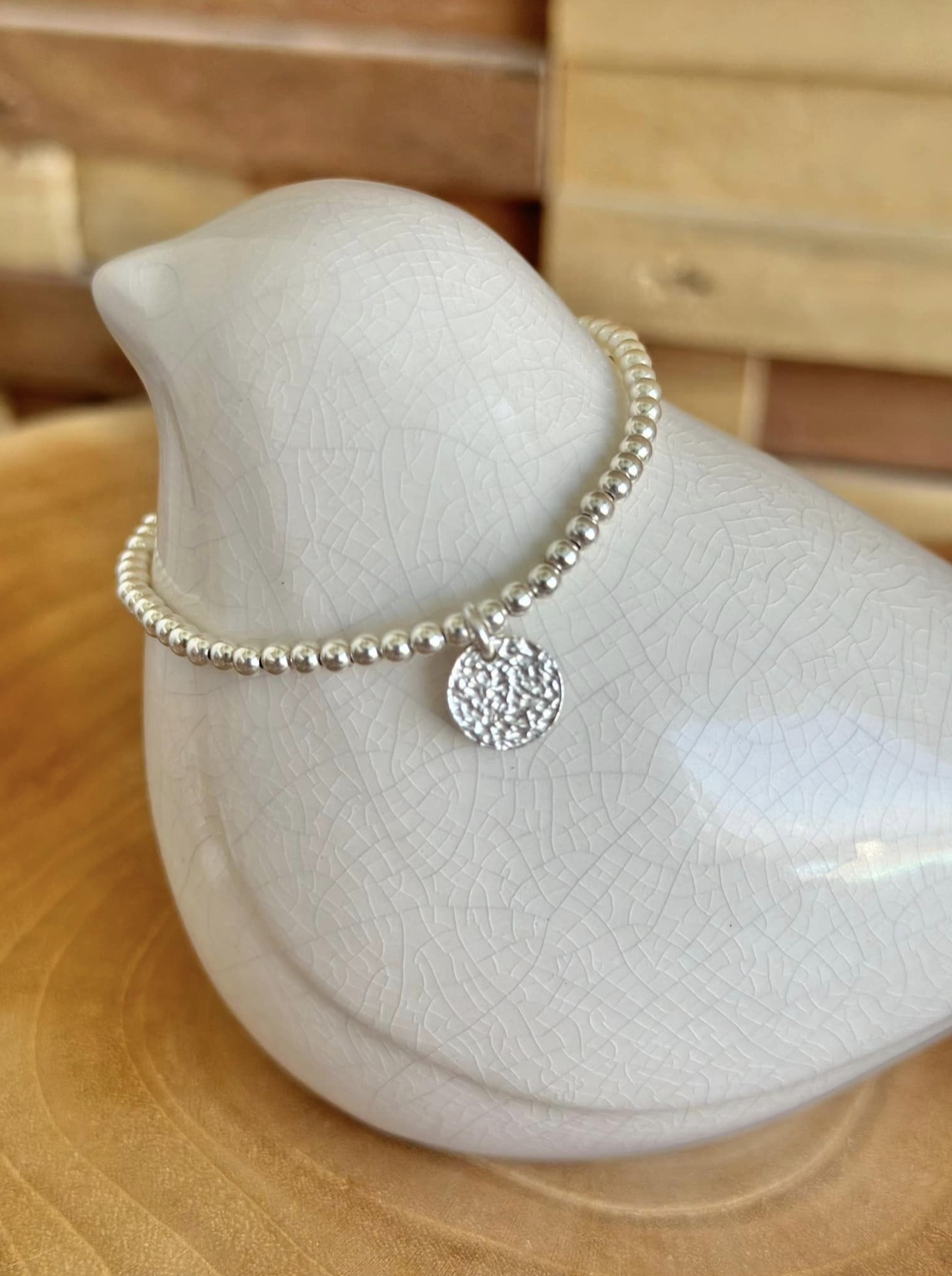 Bracelet en argent 925, perles 3mm, pendentif rond martelé