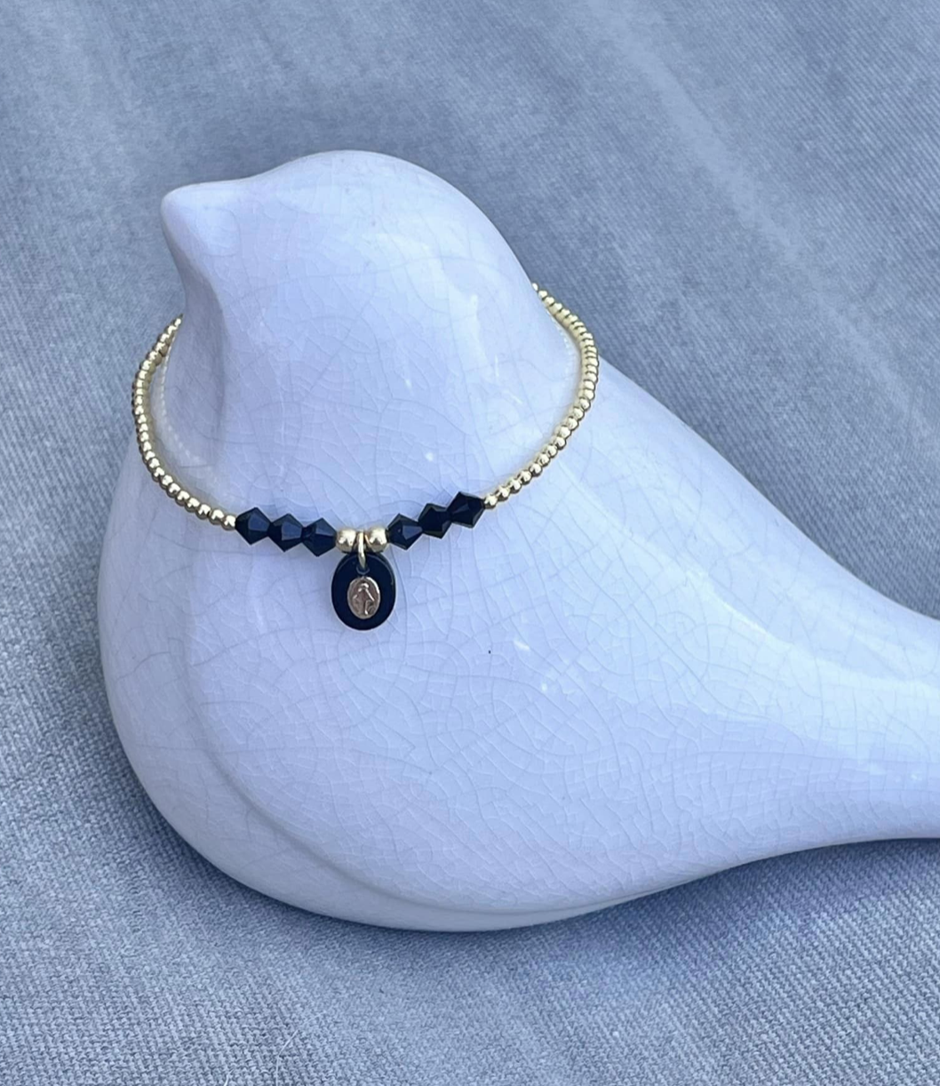 Bracelet or, vierge onyx et Swarovski noir