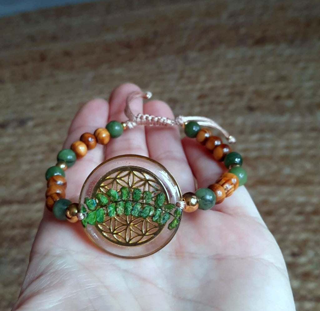 Bracelet, Fleur de vie, Fougère, Jade