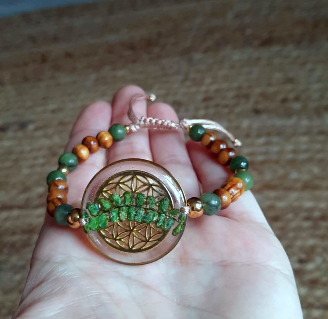 Bracelet, Fleur de vie, Fougère, Jade