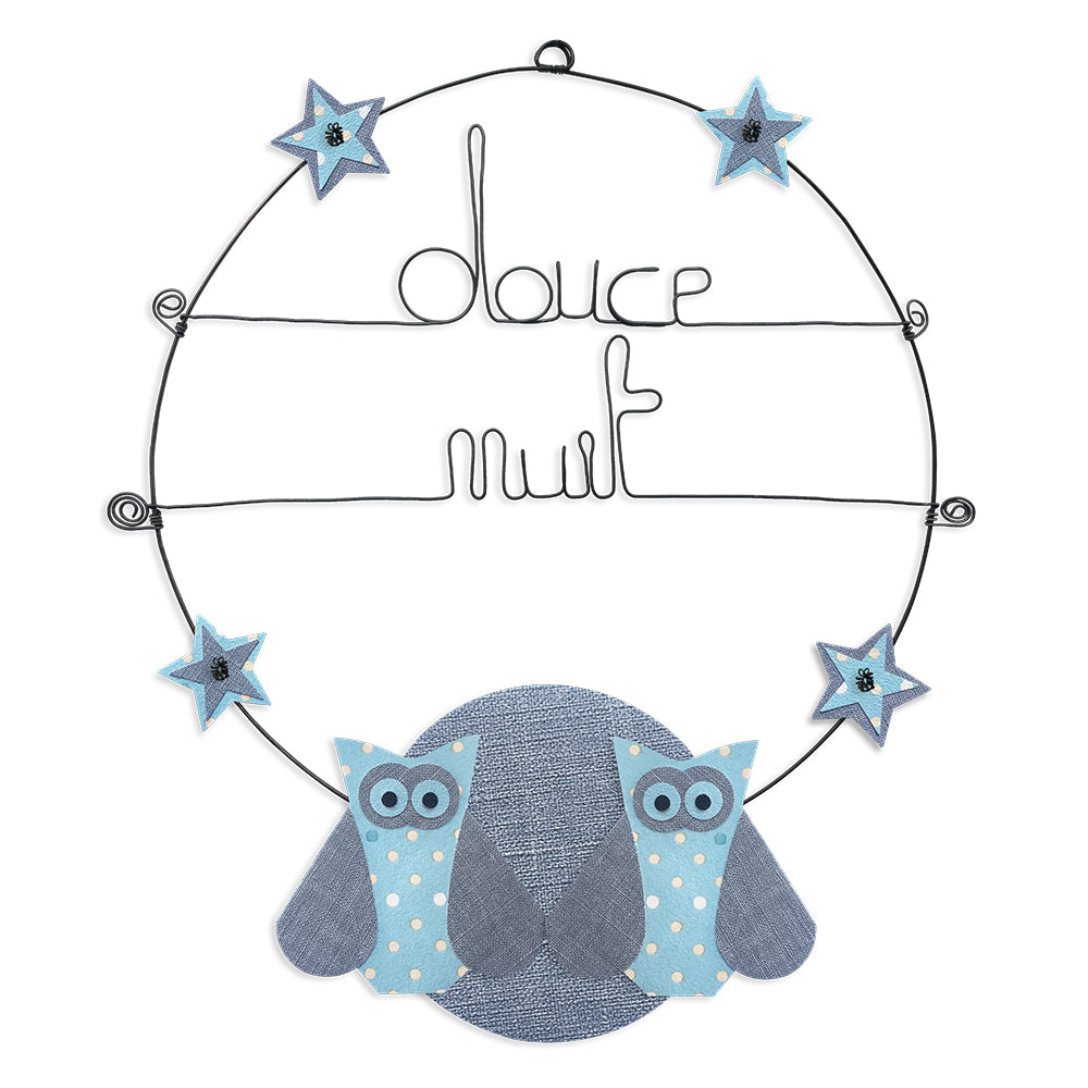 Message coloré en fil de fer - Chouette - Bleu : Douce nuit - Grand - environ 37 x 44 cm - Bijoux de mur