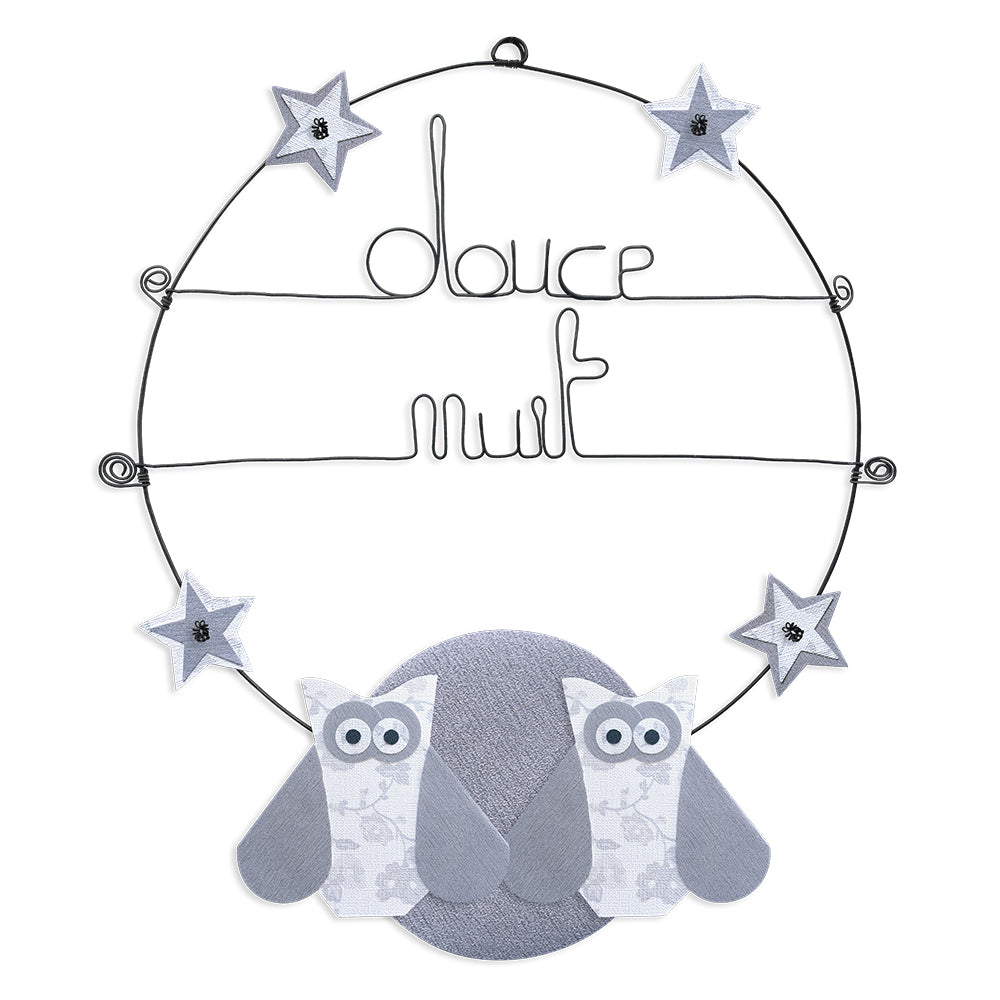 Message coloré en fil de fer - Chouette - Blanc : Douce nuit - Grand - environ 37 x 44 cm - Bijoux de mur