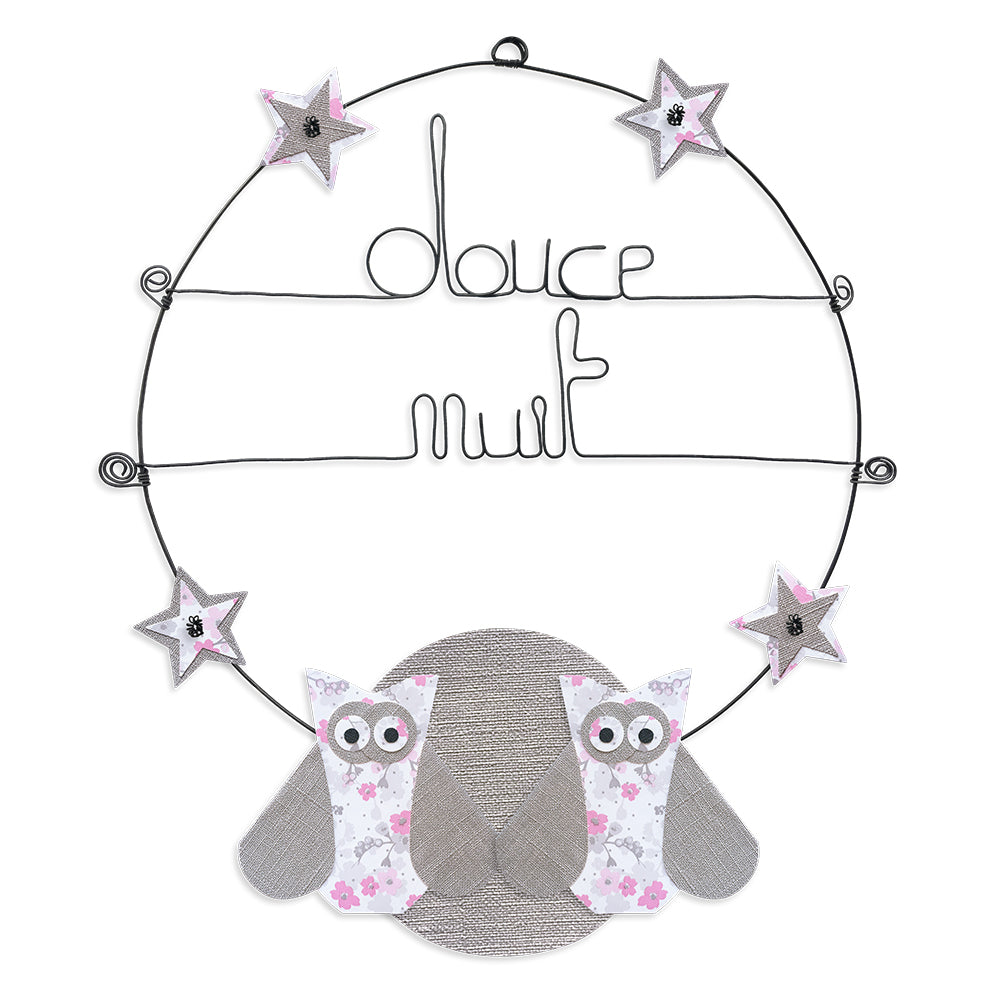 Message coloré en fil de fer - Chouette - Rose : Douce nuit - Grand - environ 37 x 44 cm - Bijoux de mur