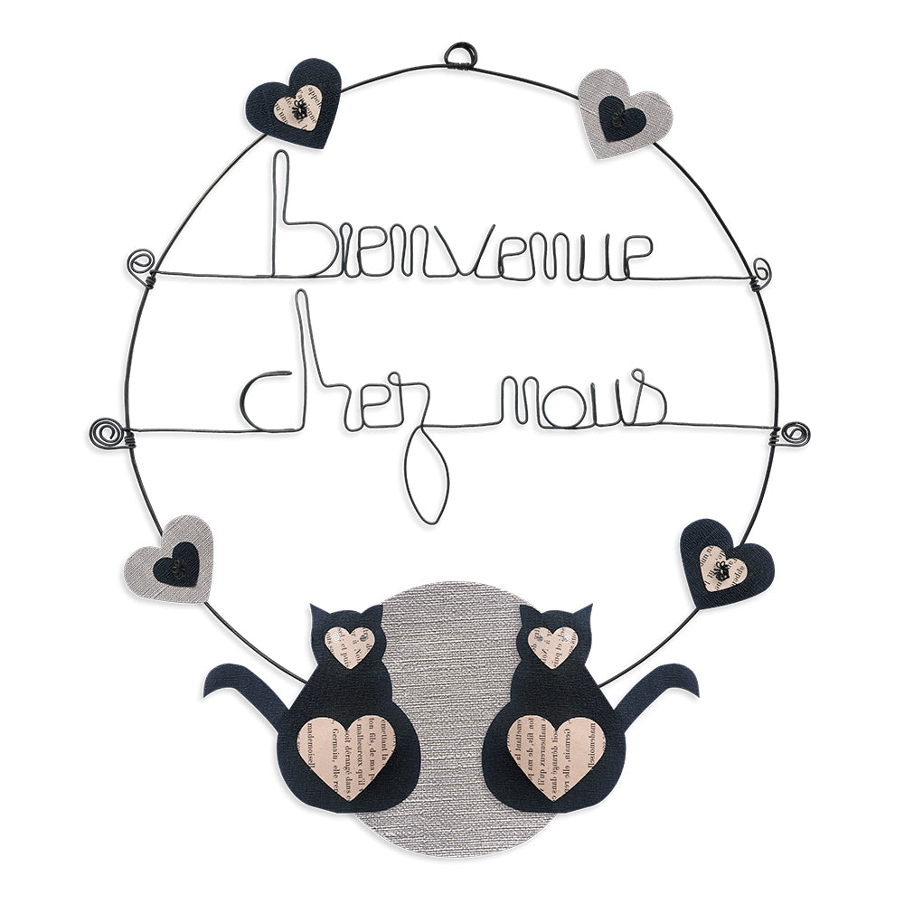 Message coloré en fil de fer - Chat - Noir : Bienvenue chez nous - environ 37 x 44 cm - Bijoux de mur