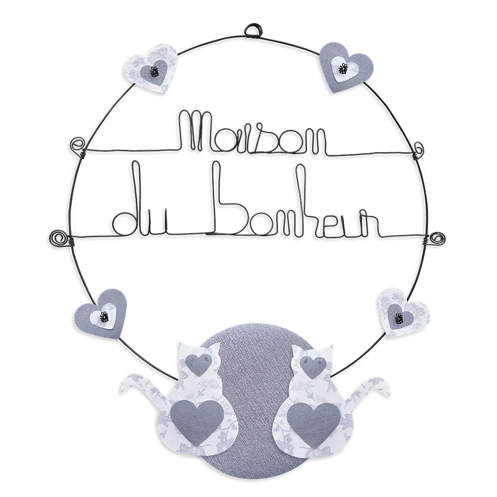 Message coloré en fil de fer - Chat - Blanc : Maison du bonheur - environ 37 x 44 cm - Bijoux de mur