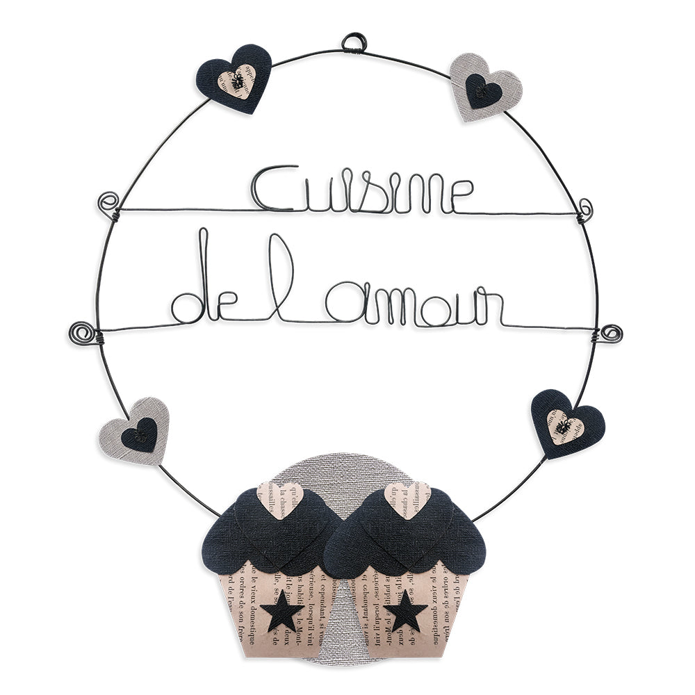 Message coloré en fil de fer - Cupcake - Noir : Cuisine de l'amour - environ 37 x 44 cm - Bijoux de mur
