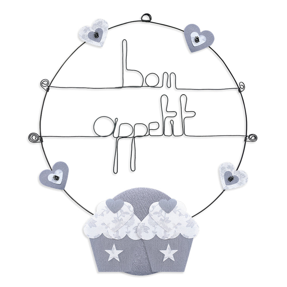 Message coloré en fil de fer - Cupcake - Blanc : Bon appétit - environ 37 x 44 cm - Bijoux de mur