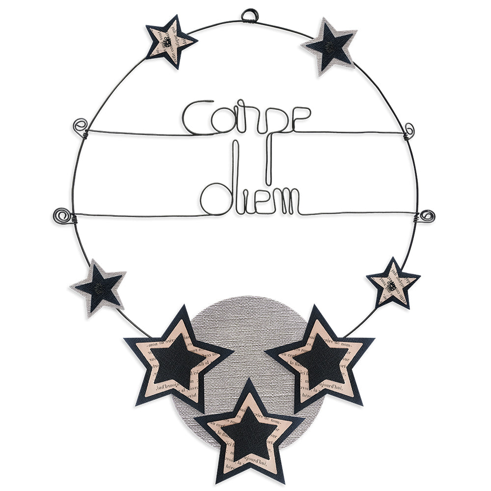 Message coloré en fil de fer - Étoile - Noir : Carpe diem - environ 37 x 44 cm - Bijoux de mur