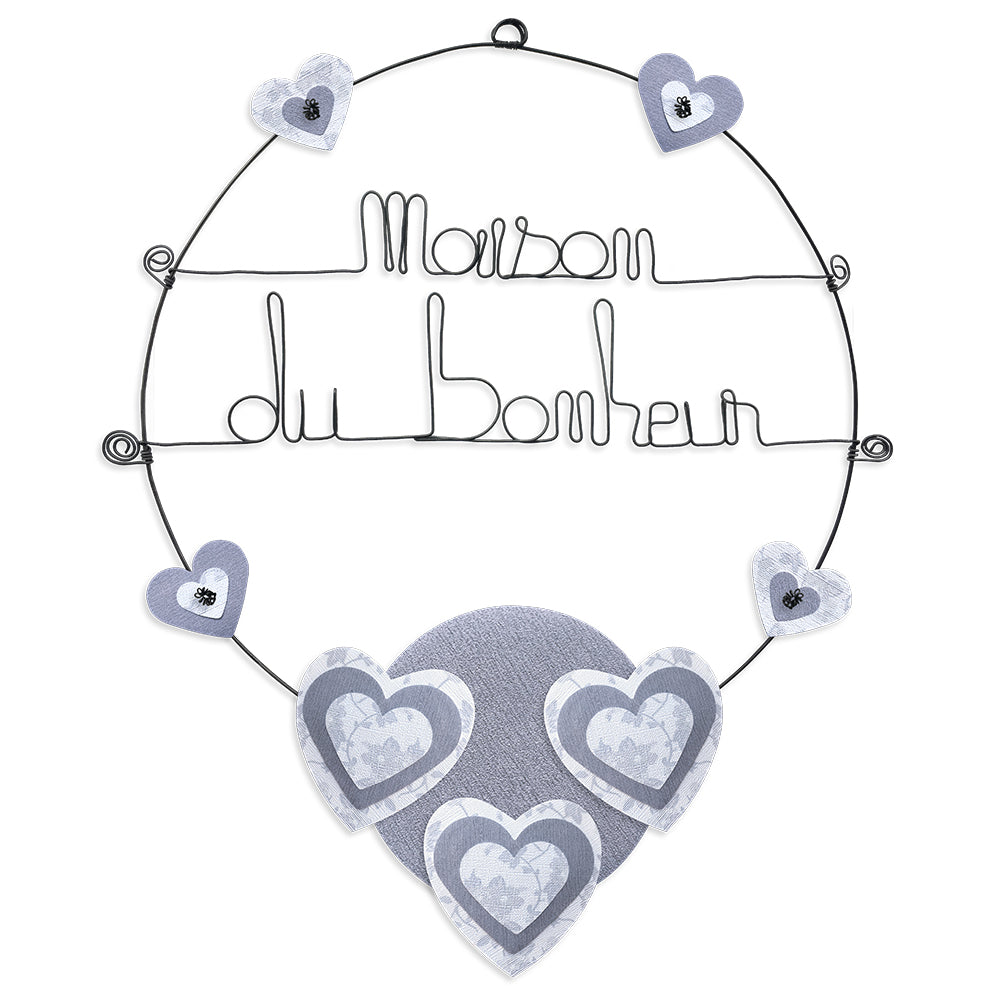 Message coloré en fil de fer - Coeur - Blanc : Maison du bonheur - environ 37 x 47 cm - Bijoux de mur