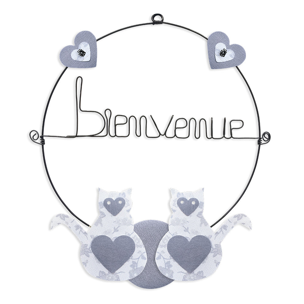 Message coloré en fil de fer - Chat - Blanc : Bienvenue - environ 29 x 33 cm - Bijoux de mur