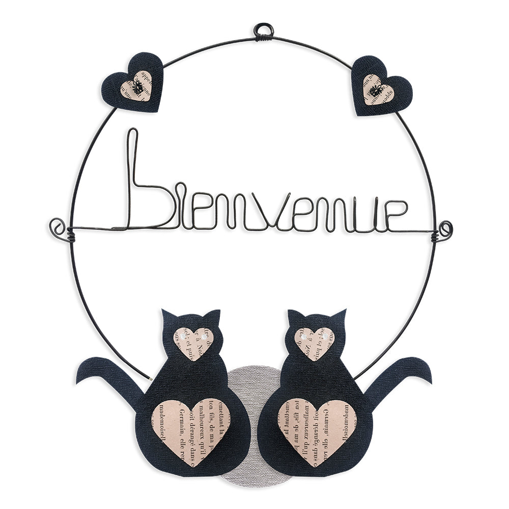 Message coloré en fil de fer - Chat - Noir : Bienvenue - environ 29 x 33 cm - Bijoux de mur