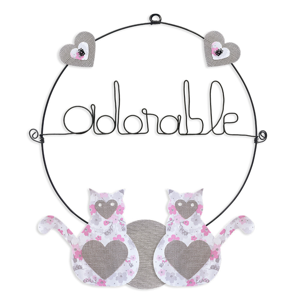 Message coloré en fil de fer - Chat - Rose : Adorable - environ 29 x 33 cm - Bijoux de mur
