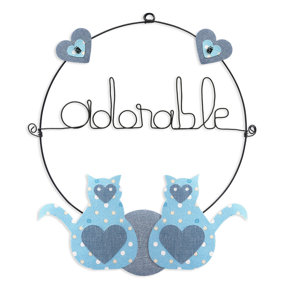 Message coloré en fil de fer - Chat - Bleu : Adorable - environ 29 x 33 cm - Bijoux de mur