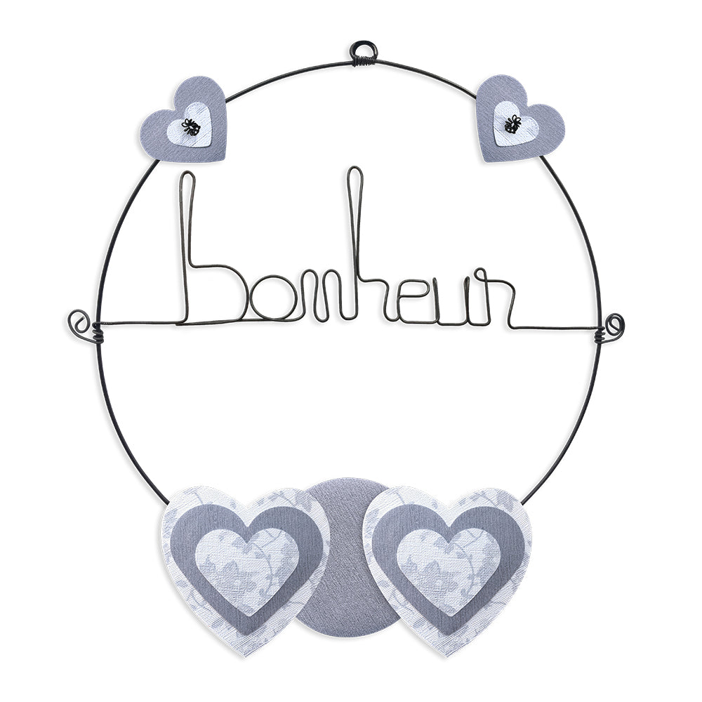 Message coloré en fil de fer - Coeur - Blanc : Bonheur - environ 29 x 33 cm - Bijoux de mur