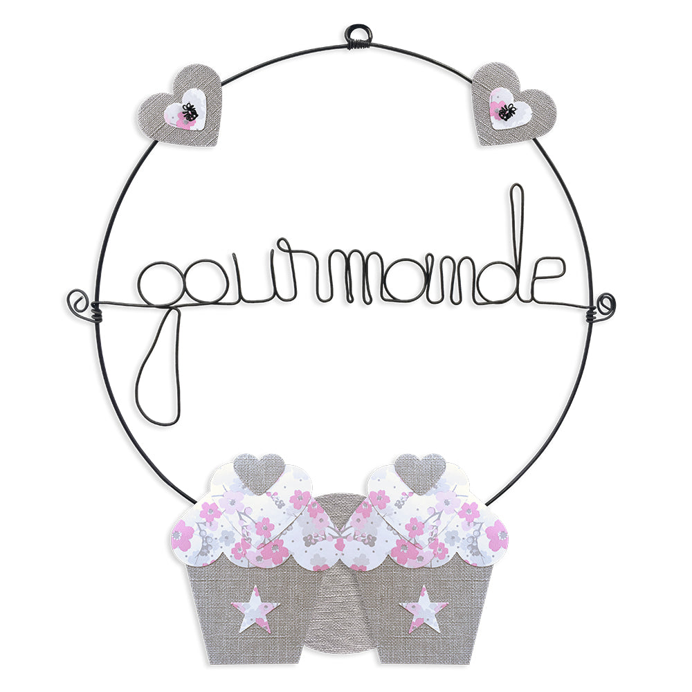 Message coloré en fil de fer - Cupcake - Rose : Gourmande - environ 29 x 35 cm - Bijoux de mur