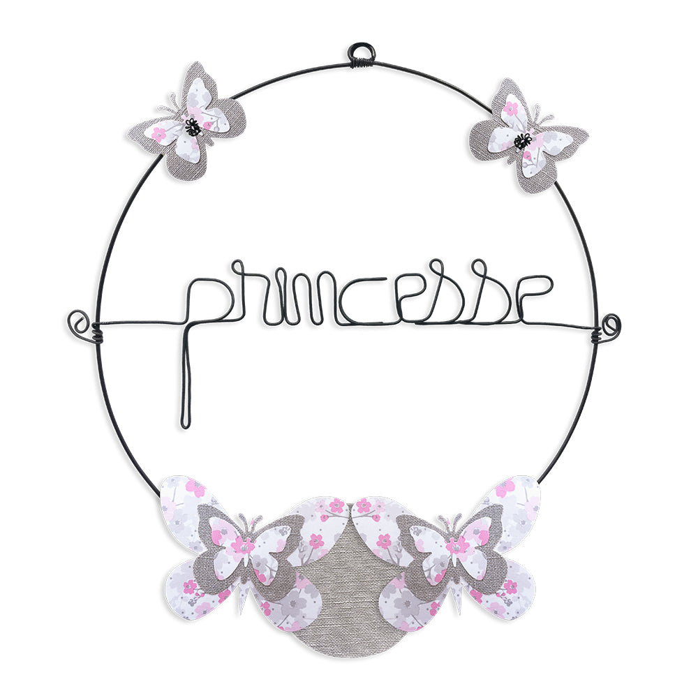Message coloré en fil de fer - Papillon - Rose : Princesse - environ 29 x 32 cm - Bijoux de mur