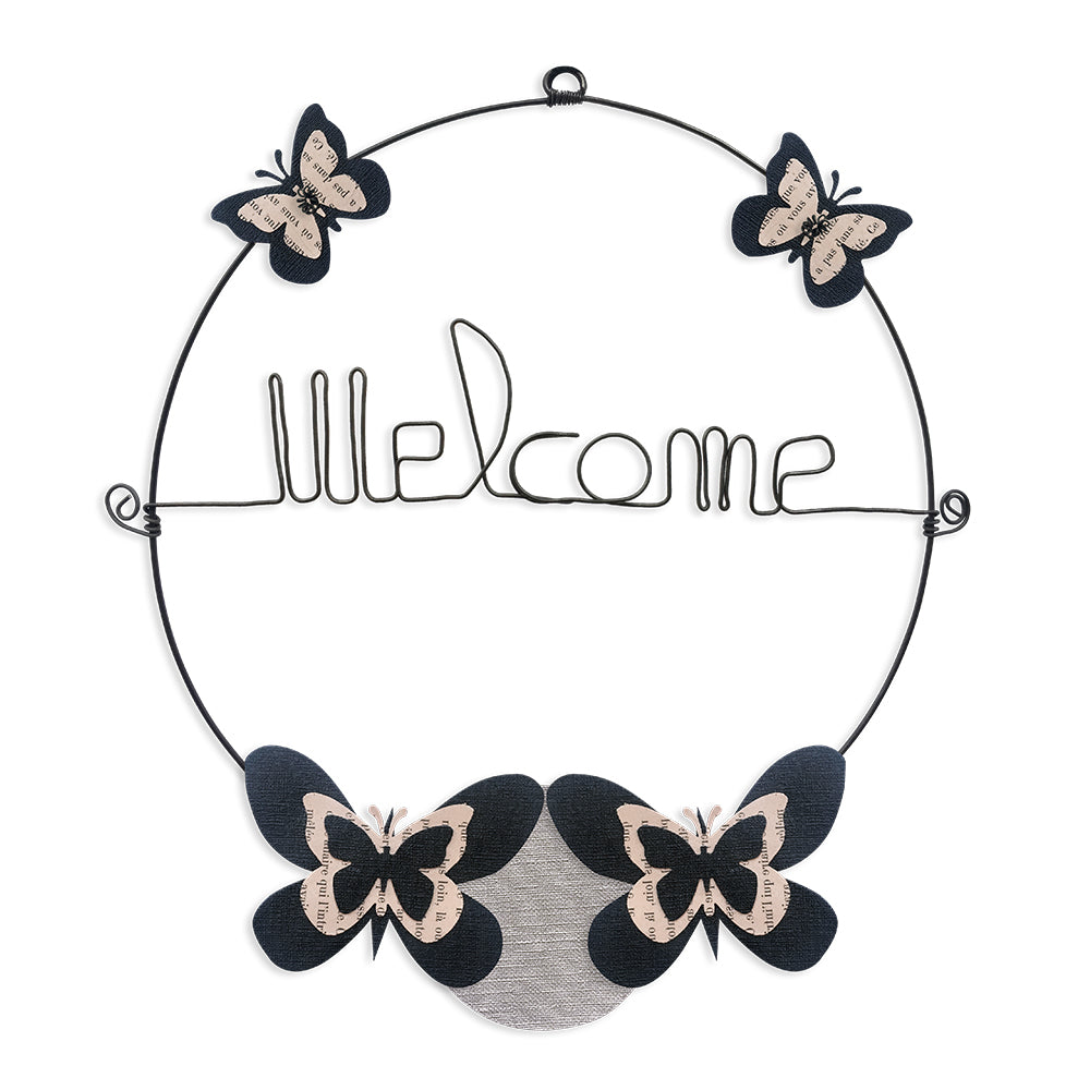 Message coloré en fil de fer - Papillon - Noir : Welcome - environ 29 x 32 cm - Bijoux de mur