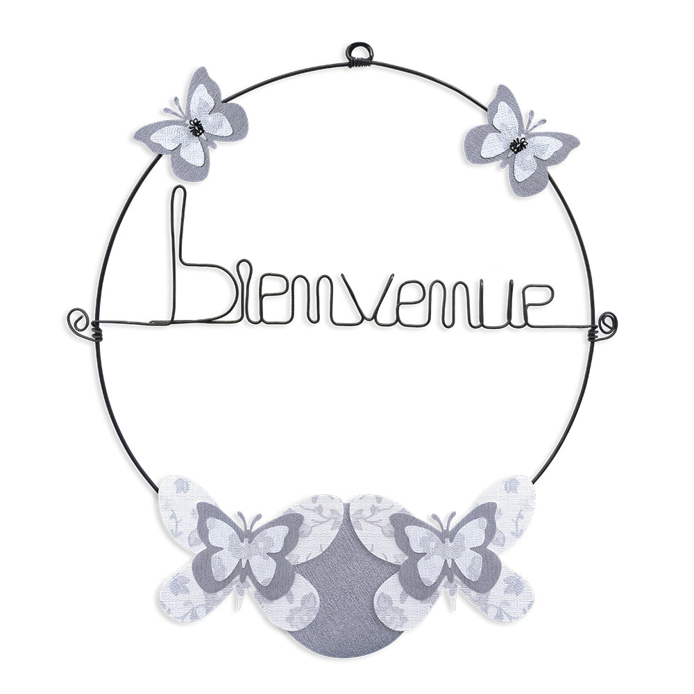 Message coloré en fil de fer - Papillon - Blanc : Bienvenue - environ 29 x 32 cm - Bijoux de mur