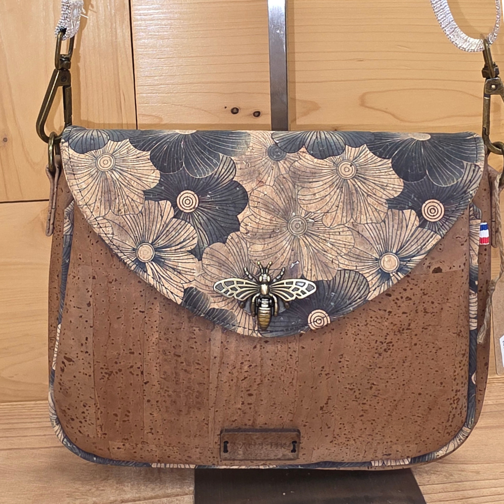 Sac Camélia en Liège fleurs noires et marron