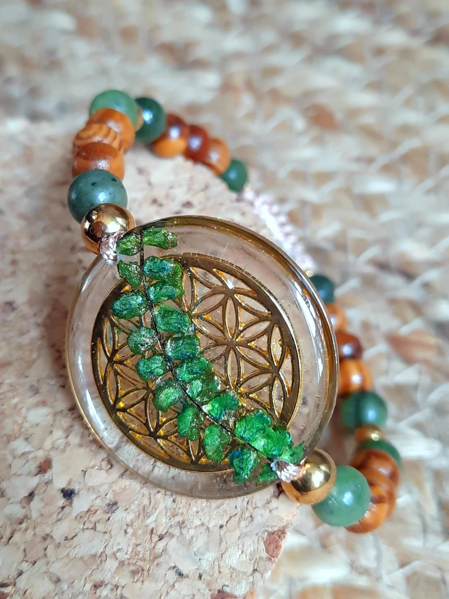 Bracelet, Fleur de vie, Fougère, Jade