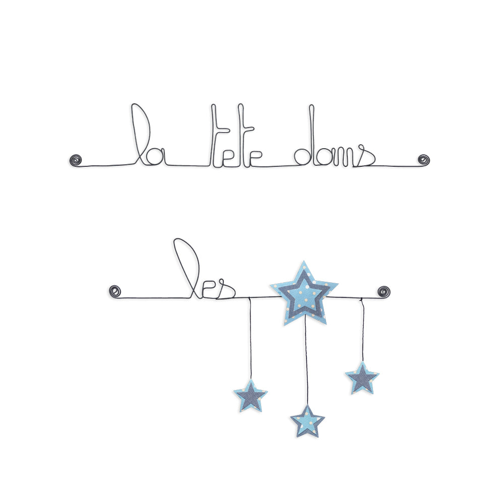 Citation colorée en fil de fer - Étoile - Bleu : La tête dans les étoiles - Bijoux de mur